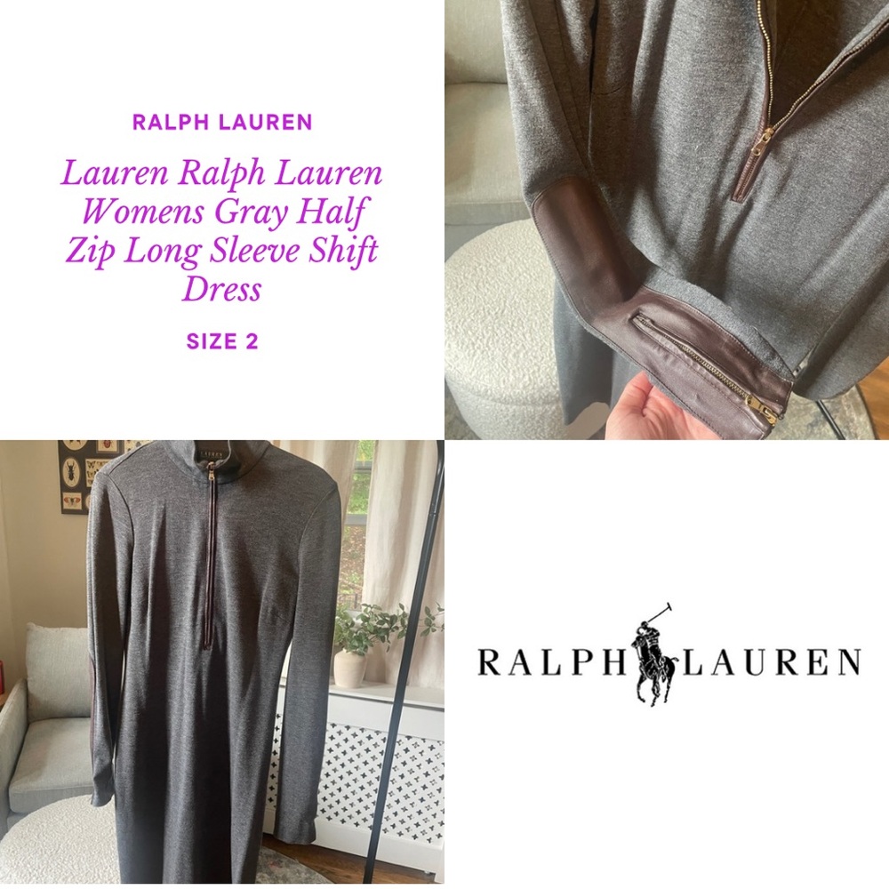 Lauren Ralph Lauren Womens Gray Half Zip Long Sleeve Shift Dress w/Brown leather